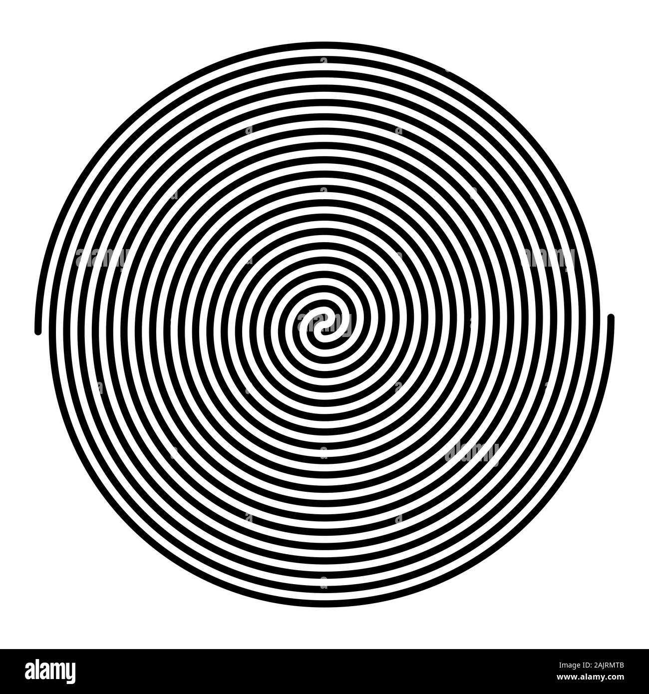 Zwei eng miteinander verwobenen Große lineare Spiralen. Archimedische Spiralen der Farbe schwarz mit 10 Drehungen von zwei Armen der arithmetischen Spiralen. Stockfoto
