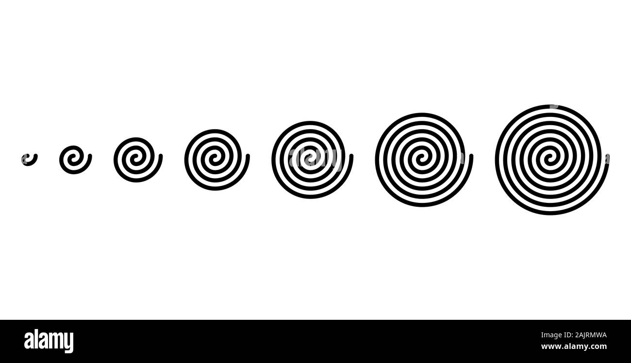 Entwicklung von linearen Spiralen in verschiedenen Größen. Archimedische Spiralen der schwarzen Farbe, mit Drehungen eines Arms einer arithmetischen Spirale. Stockfoto