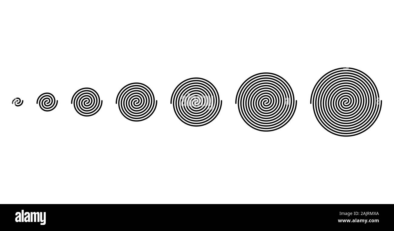 Entwicklung von verflochten lineare Spiralen in verschiedenen Größen. Schwarz archimedischer Spiralen, mit Drehungen von zwei Armen der arithmetischen Spiralen. Stockfoto