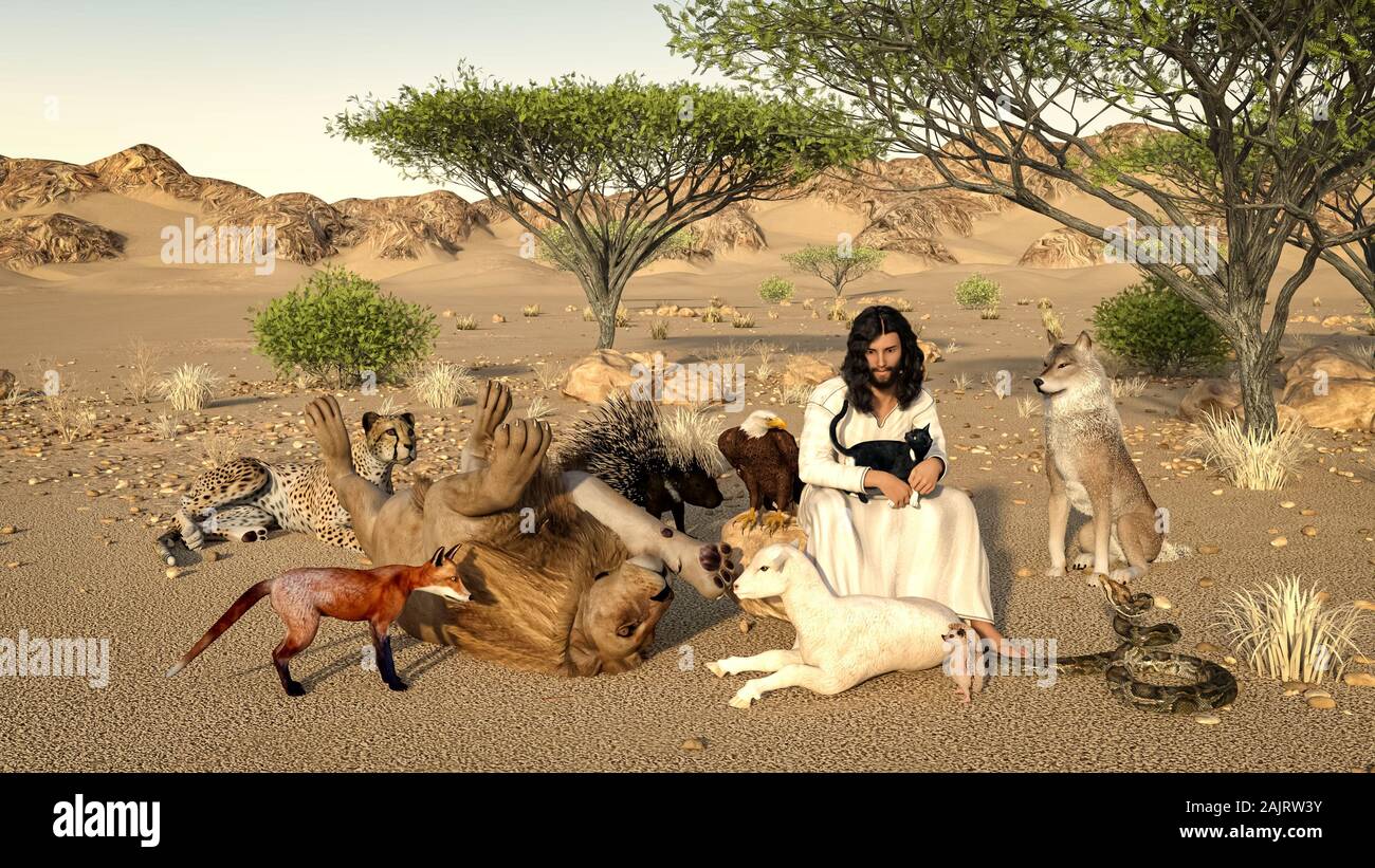 Und er war vierzig Tage in der Wüste und wurde von dem Satan versucht. Und er war unter den wilden Tieren, und die Engel dienten ihm. Mk. 1.13 Stockfoto