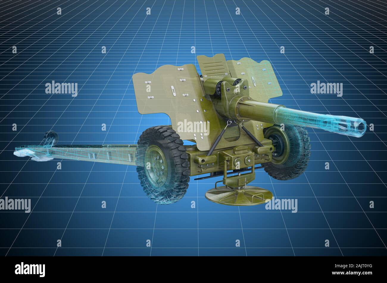 Visualisierung 3D-CAD-Modell der Haubitze, militärische Engineering Konzept. 3D-Rendering Stockfoto