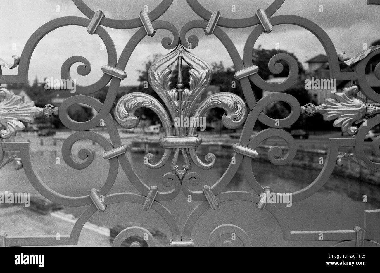 KÜHLERGRILL DES SCHLOSSES MARLY, DEKORIERT MIT EINEM LILIENBLUMEN-EMBLEM DER KÖNIGLICHEN - MARLY LE ROI YVELINES FRANKREICH - FRANZÖSISCHE GESCHICHTE - SILBERNES BILD © FRÉDÉRIC BEAUMONT Stockfoto