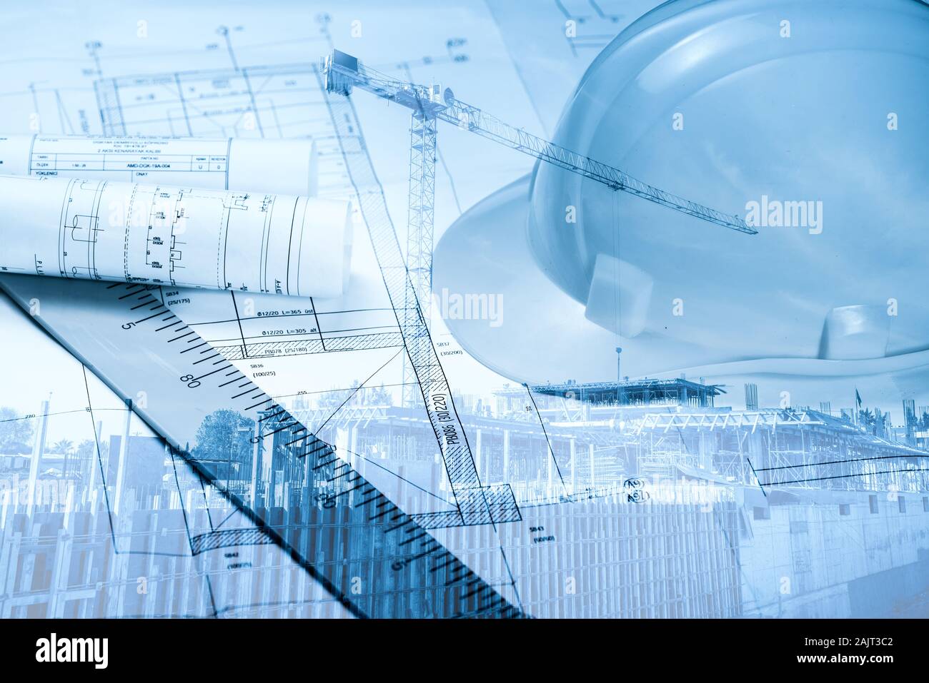 Architektur, Technik und Sicherheit die wichtigsten Felder im Baugewerbe. Konstruktion und Bau Konzept Stockfoto