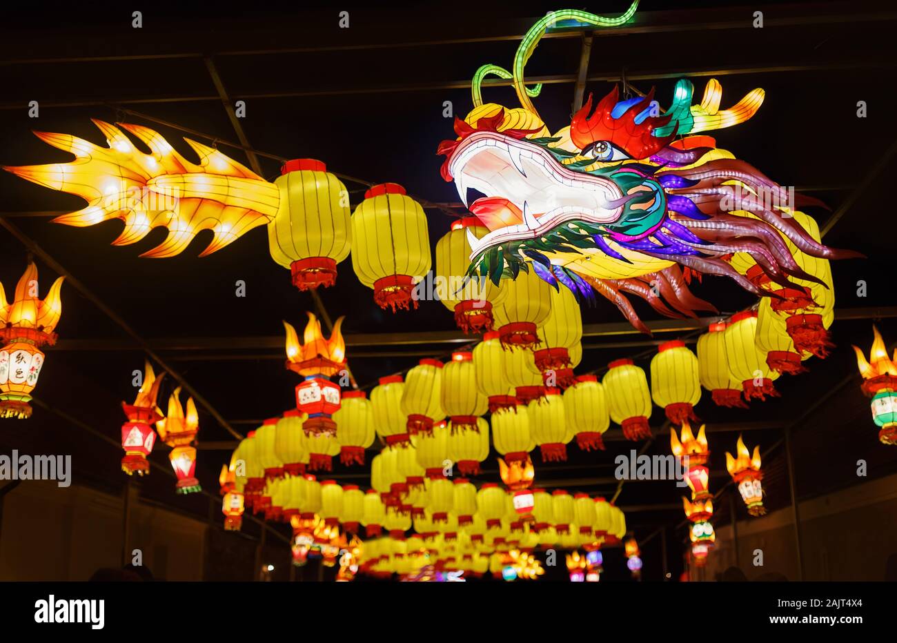 Giant Dragon Laterne von China, Sternzeichen Symbol. Licht Festival in Pakruojis Manor, Litauen Stockfoto