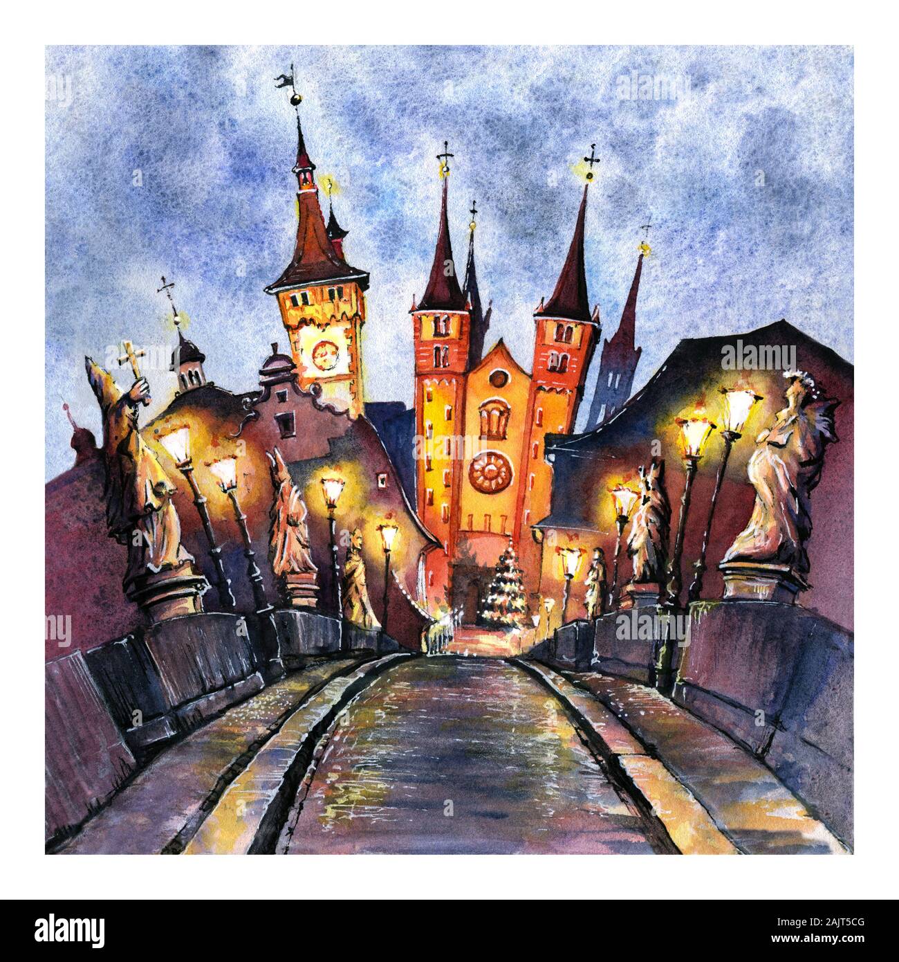 Aquarell Skizze von Alte Mainbrucke, Alte Mainbrücke, mit Statuen von Heiligen in Würzburg, Franken, Nordbayern, Deutschland Stockfoto