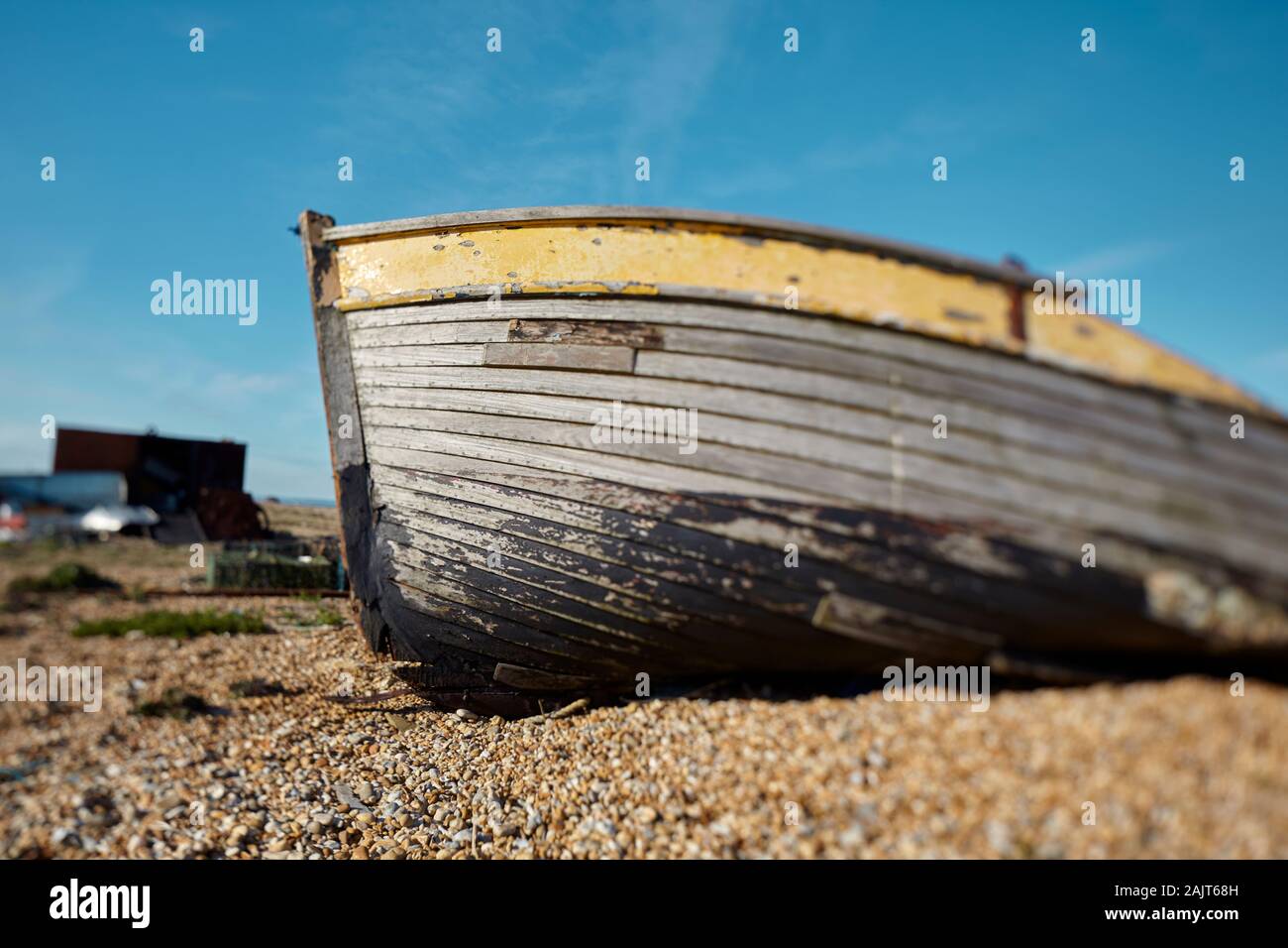 Verfallenes Fischerboot, Dungeness, Vereinigtes Königreich Stockfoto
