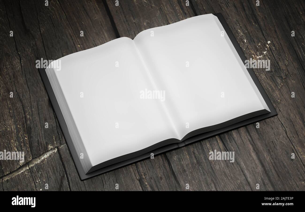 Leer leer geöffnete Buch auf dunklem Holz u 3d-render Abbildung Stockfoto