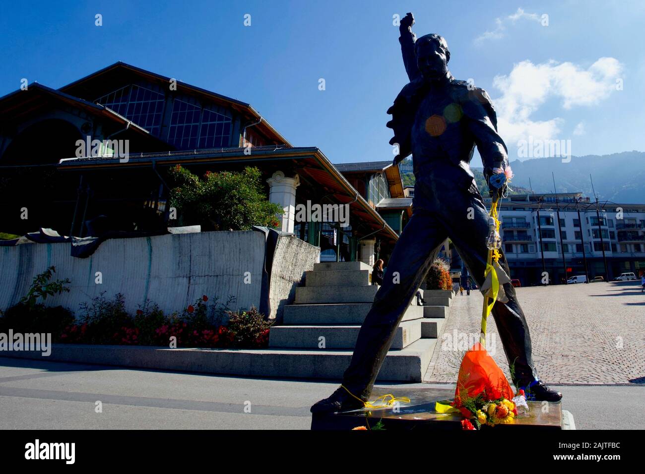 Freddie Mercury Statue, Quai de La Rouvenaz, Genfer See, Montreux, Kanton Waadt, Schweiz. Stockfoto