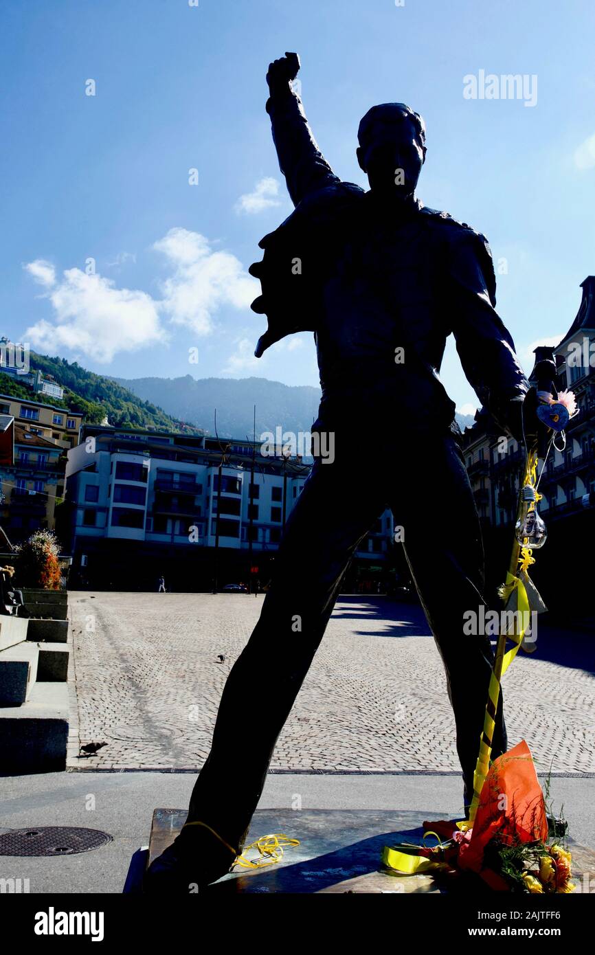 Freddie Mercury Statue, Quai de La Rouvenaz, Genfer See, Montreux, Kanton Waadt, Schweiz. Stockfoto