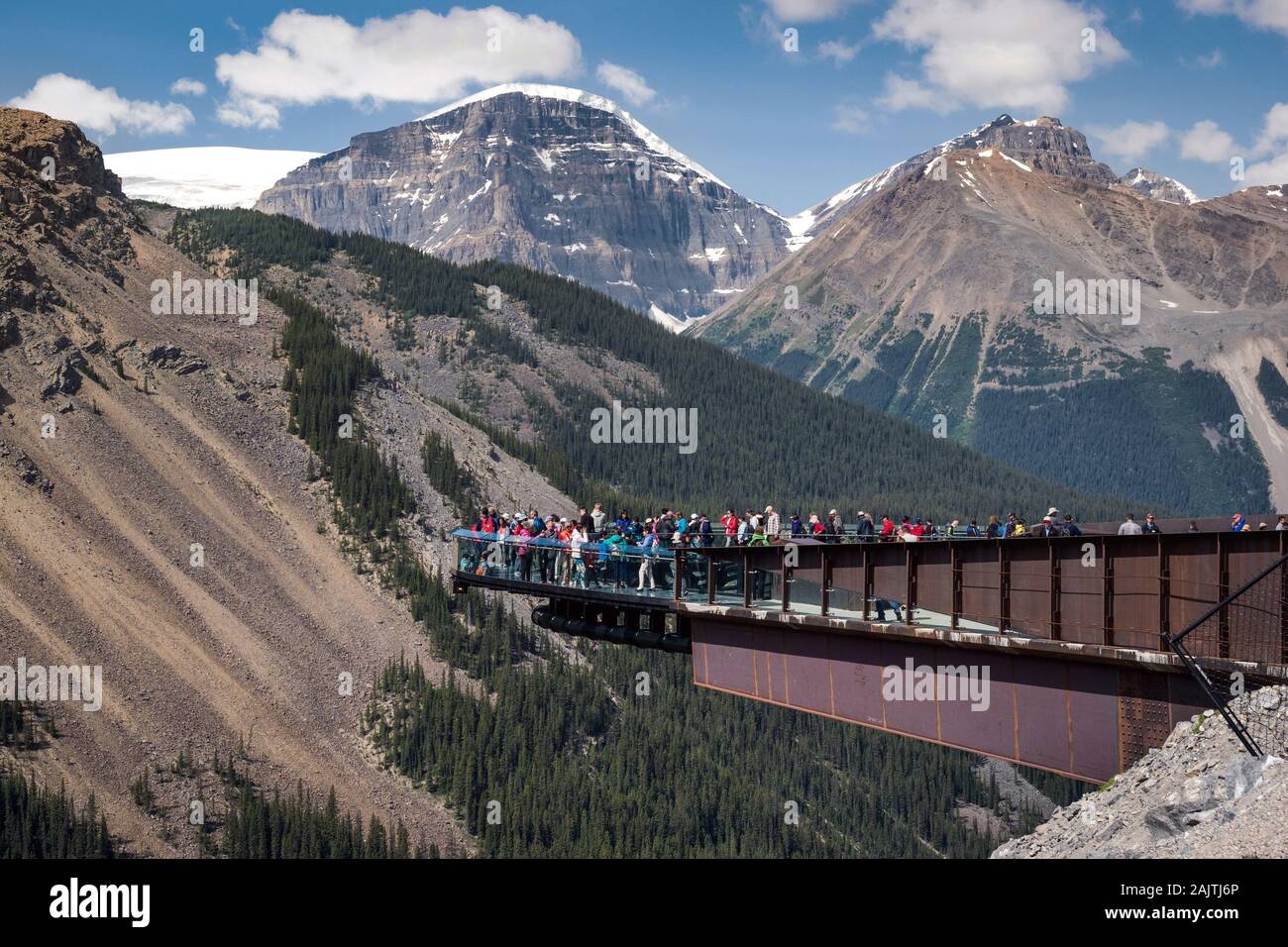 Touristen am Gletscher Skywalk im Sommer in den Jasper National Park, der Kanadischen Rockies, Alberta, Kanada. Stockfoto