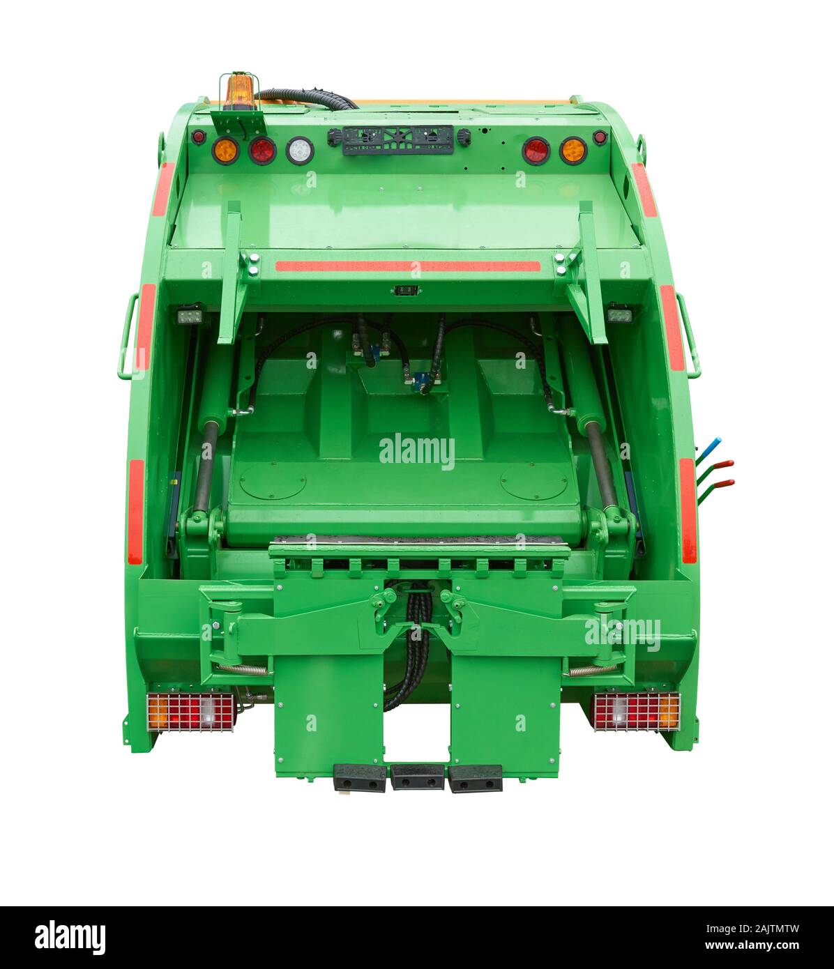 Grüne Mechanismus der hinteren Loader des Müll Lkw isoliert auf weißem Stockfoto