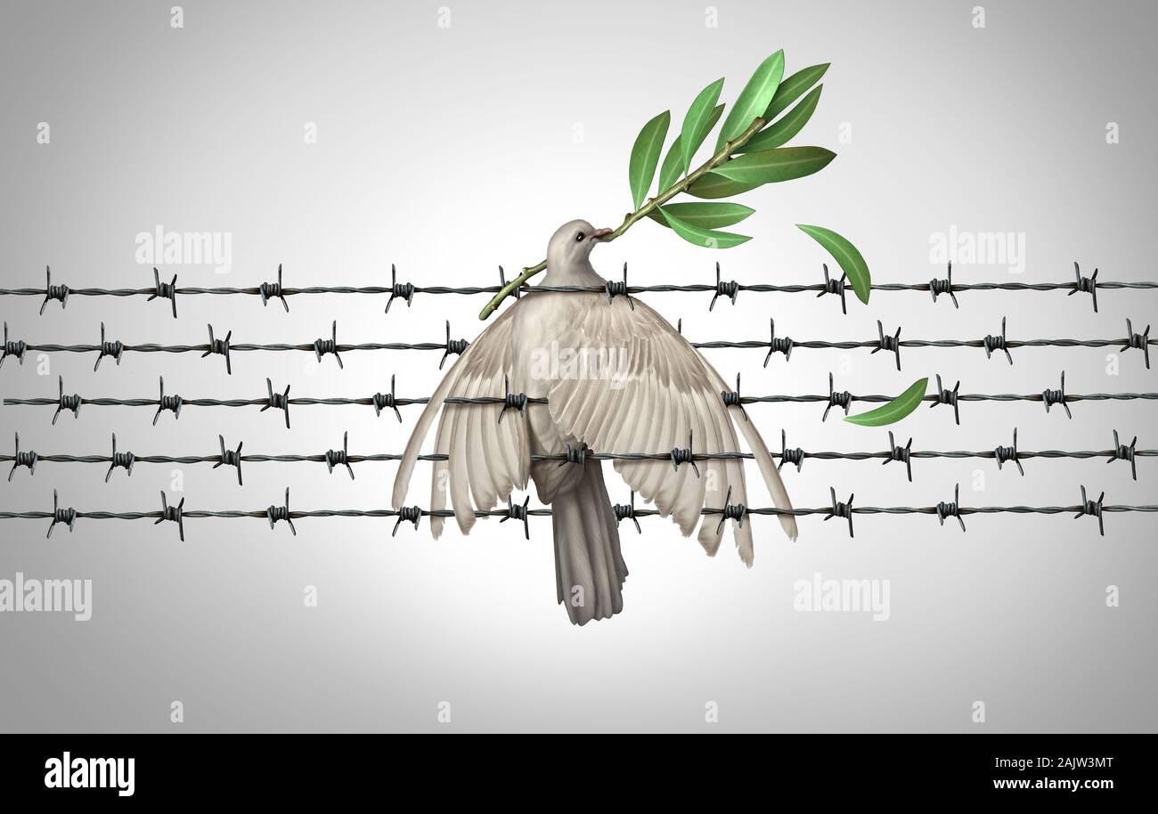 Frieden Krise und Krieg Not wie eine weiße Taube mit einem Ölzweig in der Gefahr, die ein Sicherheitsproblem mit 3D-Illustration Elemente. Stockfoto