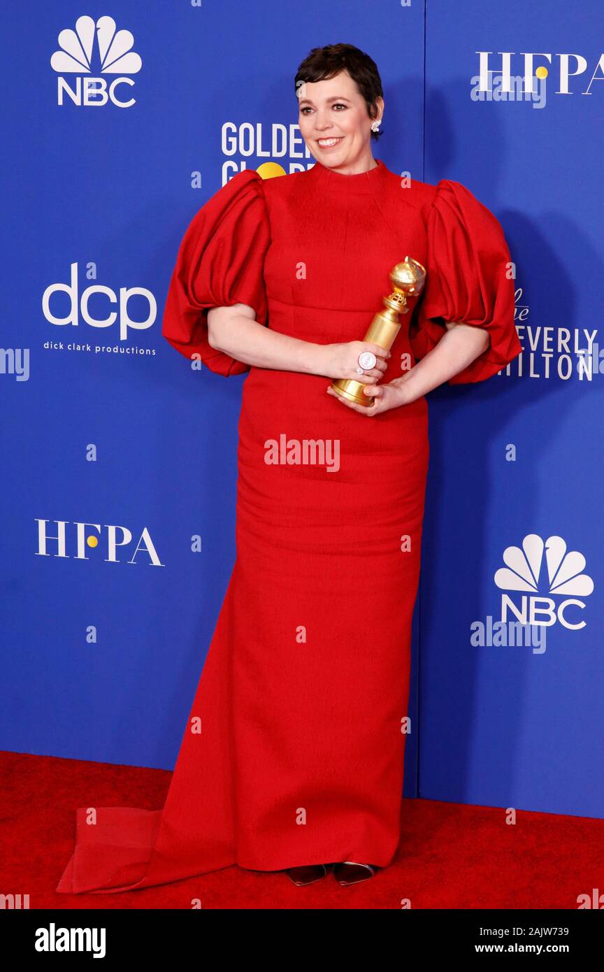 Beverly Hills, USA. 05 Jan, 2020. Olivia Colman, Sieger der Beste Leistung von einer Schauspielerin in einer Fernsehserie - Drama für die "Krone", der in der Presse während der 77. jährlichen Golden Globe Awards im Beverly Hilton Hotel am 5. Januar 2020 in Beverly Hills, Kalifornien. Credit: Geisler-Fotopress GmbH/Alamy leben Nachrichten Stockfoto