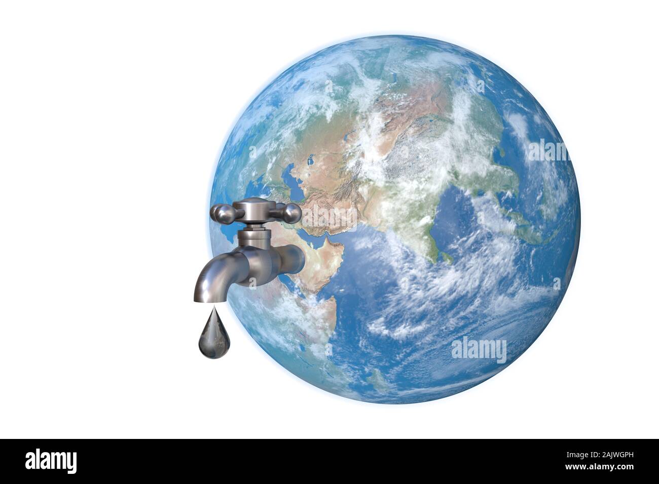 3D-Illustration: Ökologische Konzept: Stahl Wasserhahn wird auf dem Planeten Erde auf die arabische Halbinsel verbunden. Einen Tropfen Öl tropft aus dem Wasserhahn. Stockfoto