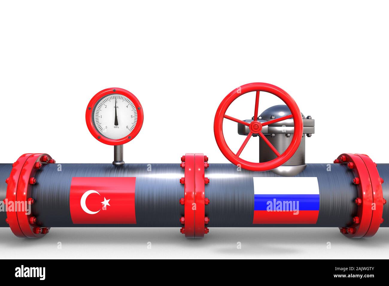 3D-Illustration: Stahl Gasleitung mit Flaggen der Türkei und Russland mit einem Ventil rot und ein Manometer auf weißem Hintergrund. Russisch-türkischen Beziehungen. Stockfoto