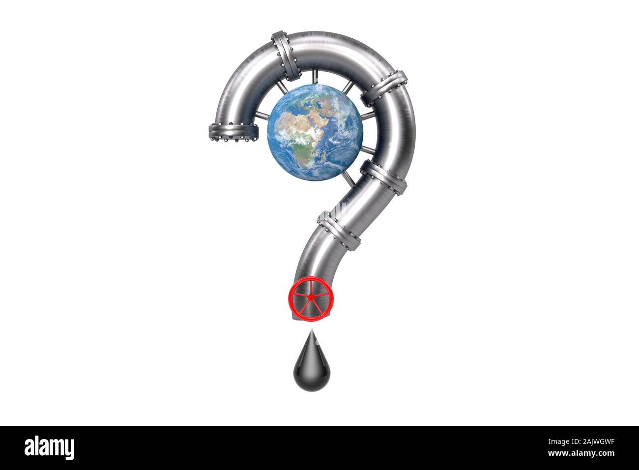 3D-Illustration: Ökologische Konzept. Die Ölleitung aus Stahl in der Form eines Fragezeichens umkreist die Erde. Unternehmen Pumpe Petroleum Stockfoto