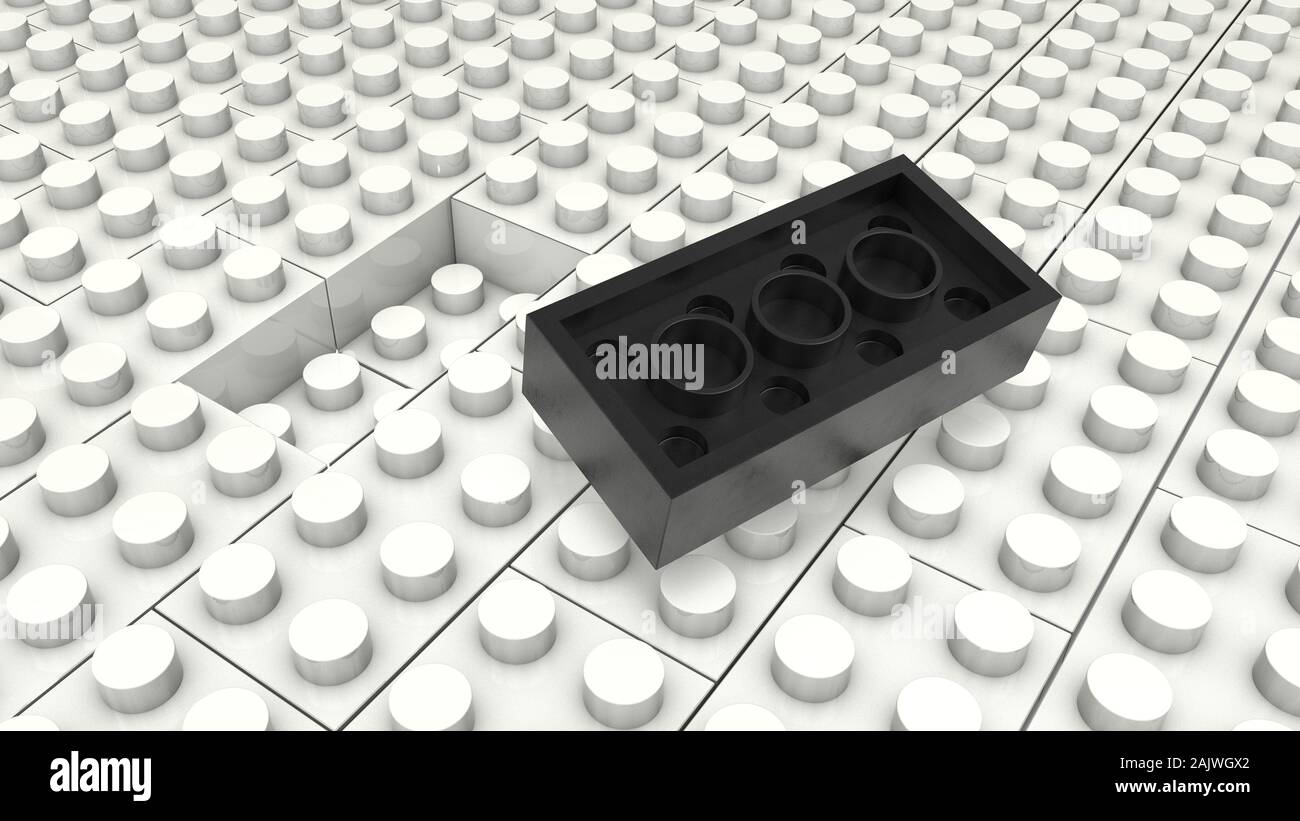 3d-Abbildung: Schwarz verschiedene Spielzeuge Stück liegt separat auf einem weißen Hintergrund ist nicht in die Nut eingelegt. Business Konzept: einzigartig. Stockfoto