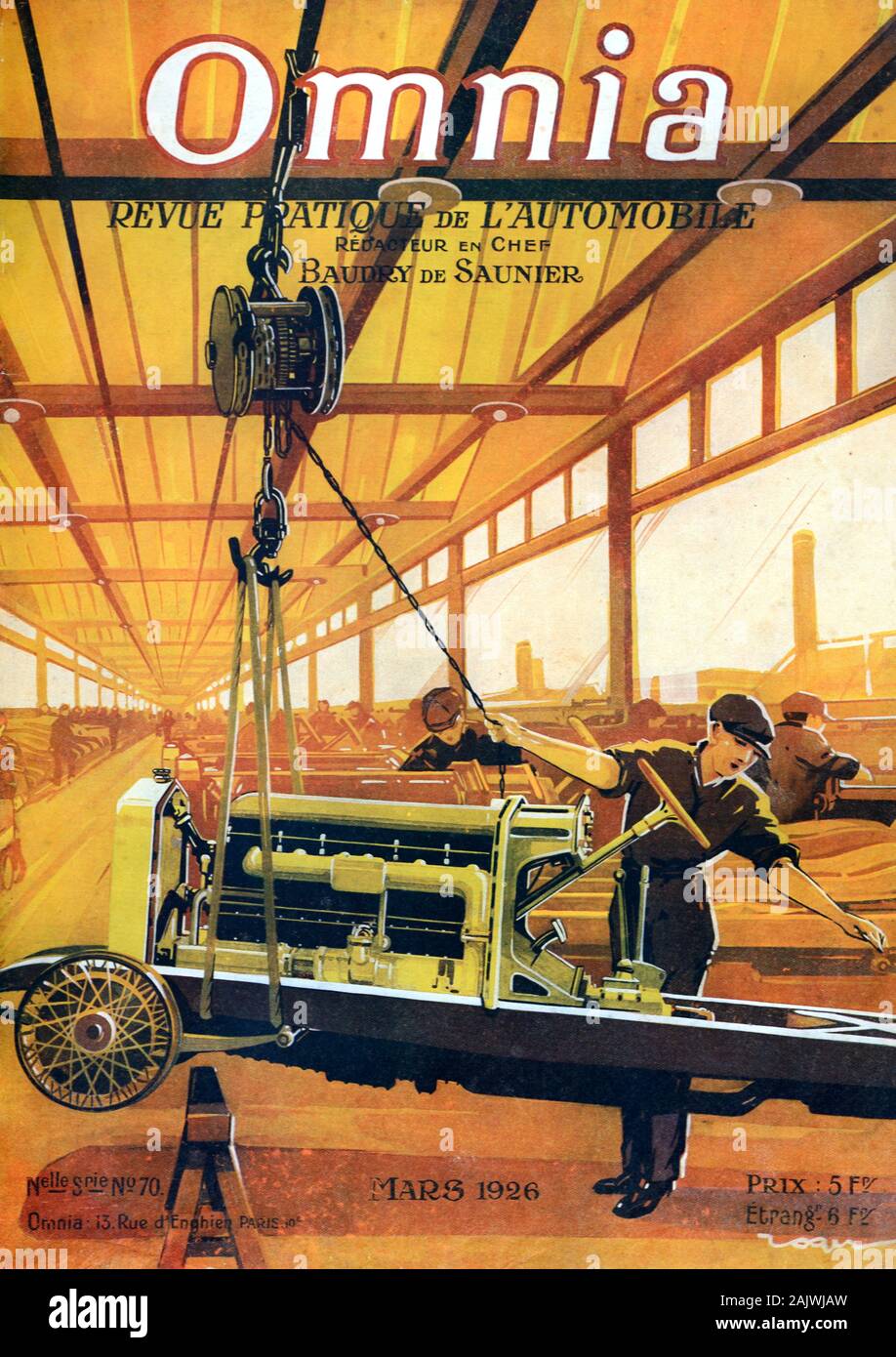 Art déco- oder Zwanziger Illustration des frühen Automobilfertigung, Fließband oder Car Factory auf der Abdeckung der frühen französischen Fachzeitschrift Omnia März 1926 Stockfoto