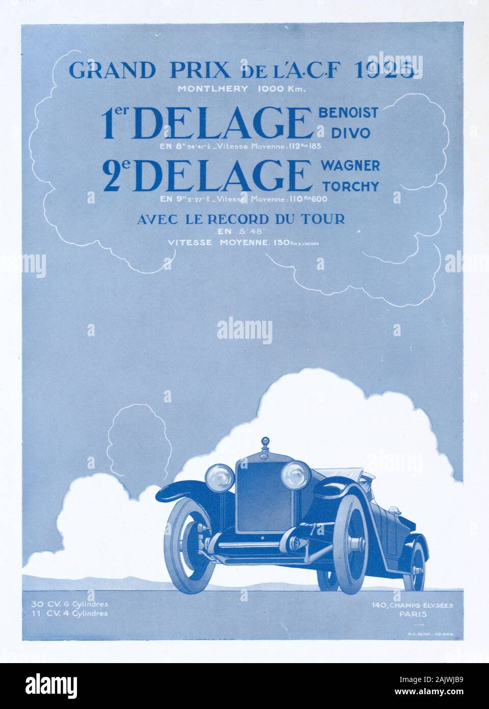 Alte Werbung, Vintage Advert oder Werbung für den Luxus französische Rennwagen Delage 12-Zylinder mit 2 Liter Typ 2 LCV, die die 1925 Grand Prix von Montlhéry in der Nähe von Paris Frankreich gewonnen. Von 1926 Anzeige Stockfoto