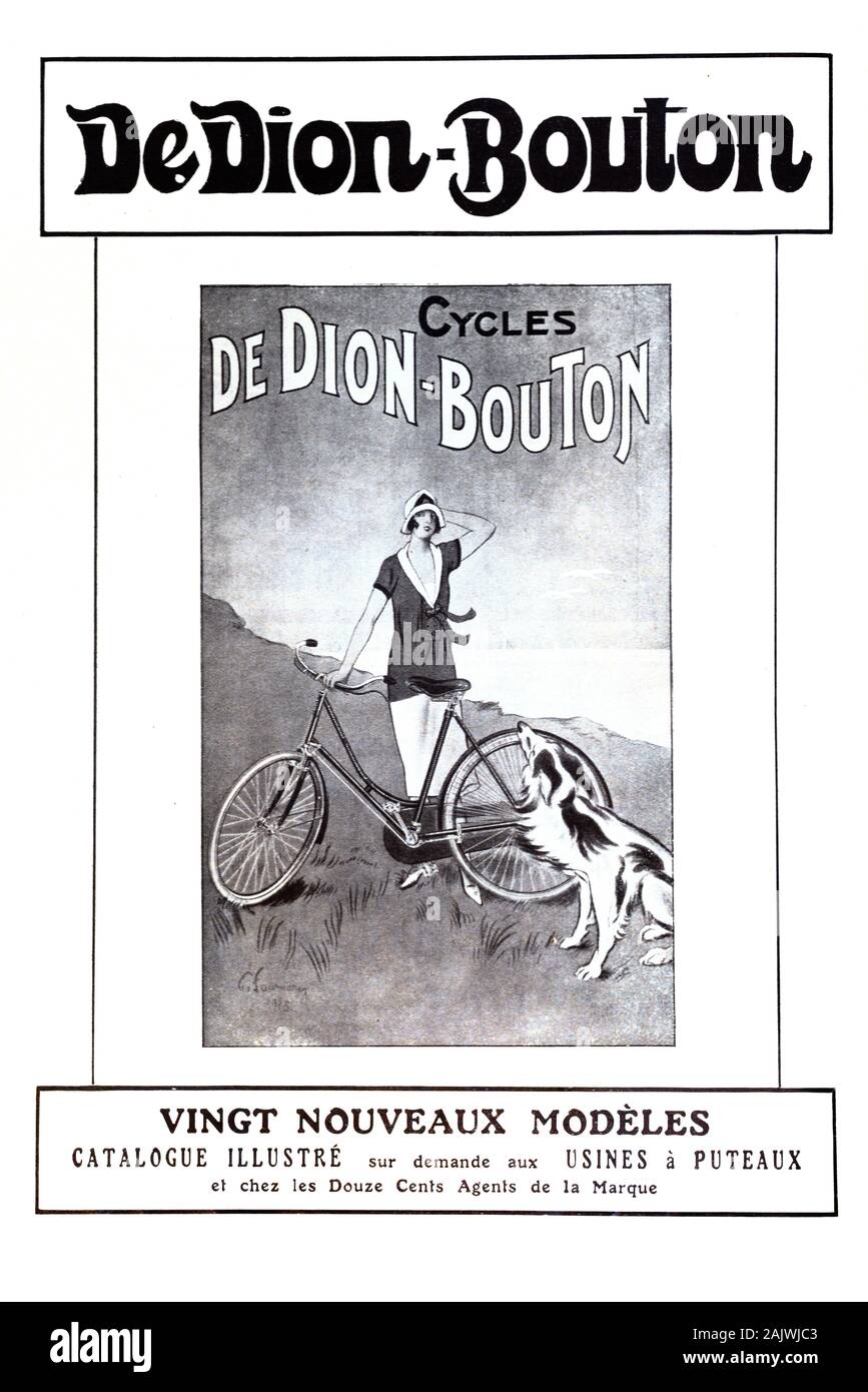 Alte Werbeanzeige oder Vintage Werbung für De Dion-Bouton Zyklen oder Fahrräder & Flapper Frau Anzeige 1926 Stockfoto