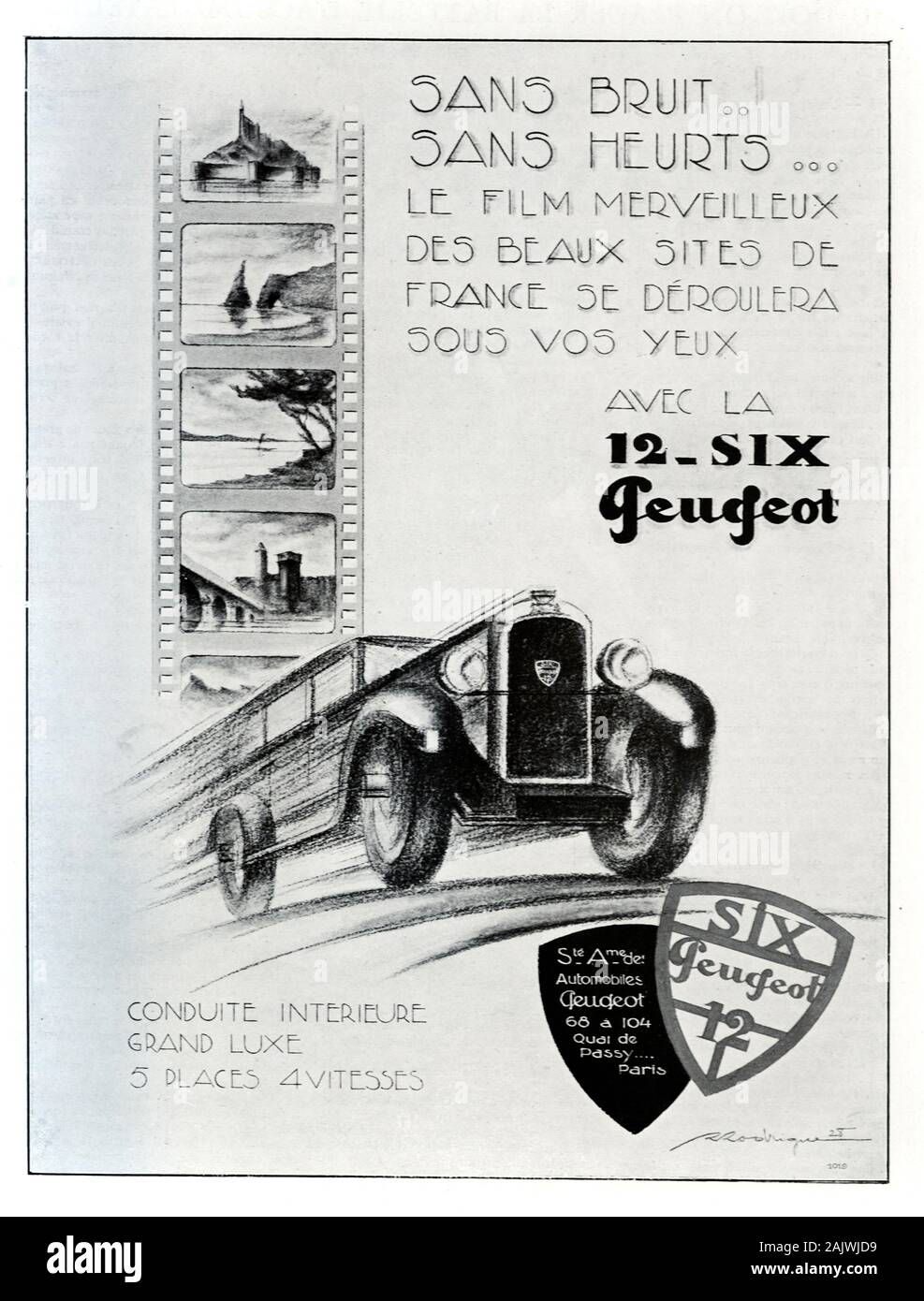 Alte Werbung, Vintage Advert oder Werbung für den französischen Peugeöt Typ 183 12 - sechs Autos. Anzeige 1929. Auto vorhanden 1928-1932. Stockfoto