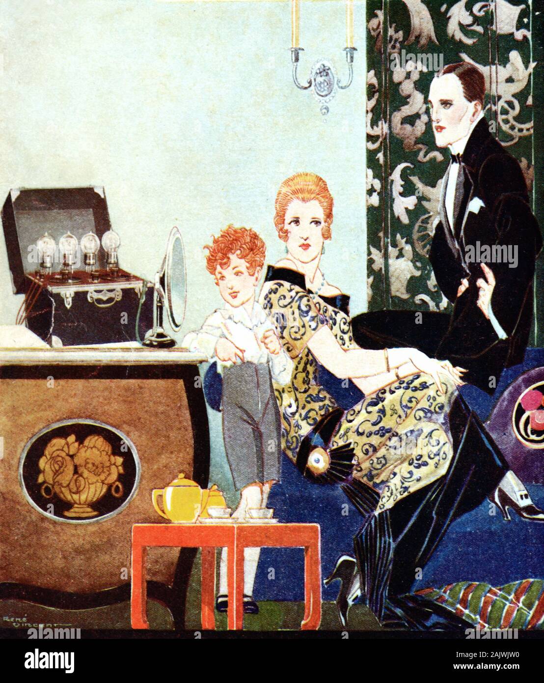 Alte Werbung, Werbung oder Werbung für einen radiola oder Radiostandard frühen Schnurloses Telefon & Europäische Familie im Jahre 1920 das Interieur mit Art déco-Möbeln 1923 Stockfoto