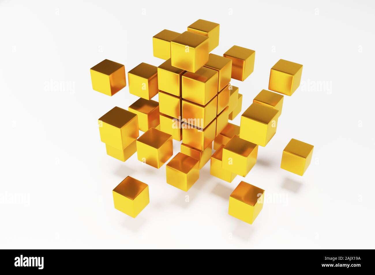 Geschäftskonzept, 3D Gold block Würfel auf dunklem Hintergrund. 3D-Rendering Stockfoto