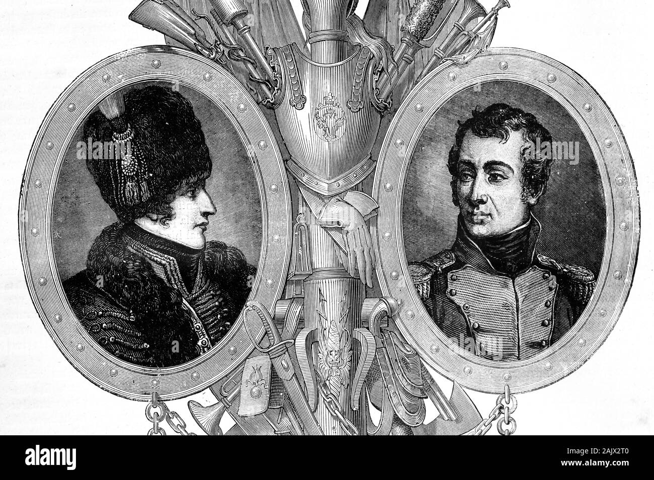 Links: Gerard Christophe Michel Duroc. Herzog von Frioul. Der französische General mit Napoleon. 1772-1813. Rechts: Auguste de Marmont. Der französische General. Marschall von t Stockfoto Links: Gerard Christophe Michel Duroc. Herzog von Frioul. Der französische General mit Napoleon. 1772-1813. Rechts: Auguste de Marmont. Der französische General. Marschall von t Stockfoto