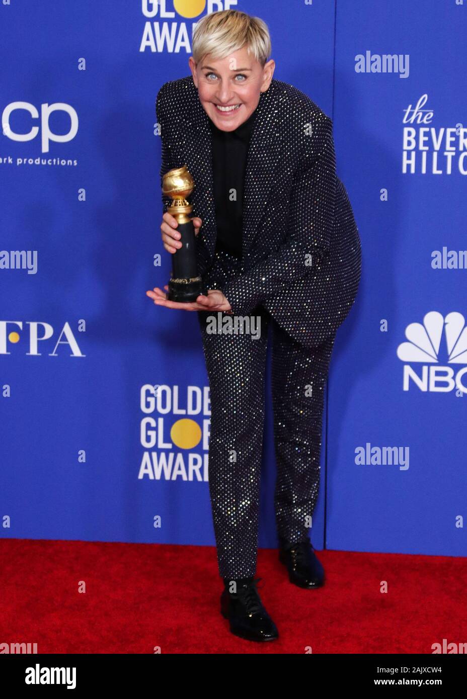 BEVERLY HILLS, LOS ANGELES, Kalifornien, USA - Januar 05: Schauspieler Ellen DeGeneres Celine tragen stellt in der Presse Zimmer auf der 77. jährlichen Golden Globe Awards im Beverly Hilton Hotel am 5. Januar statt, 2020 in Beverly Hills, Los Angeles, Kalifornien, Vereinigte Staaten. (Foto von Xavier Collin/Image Press Agency) Stockfoto