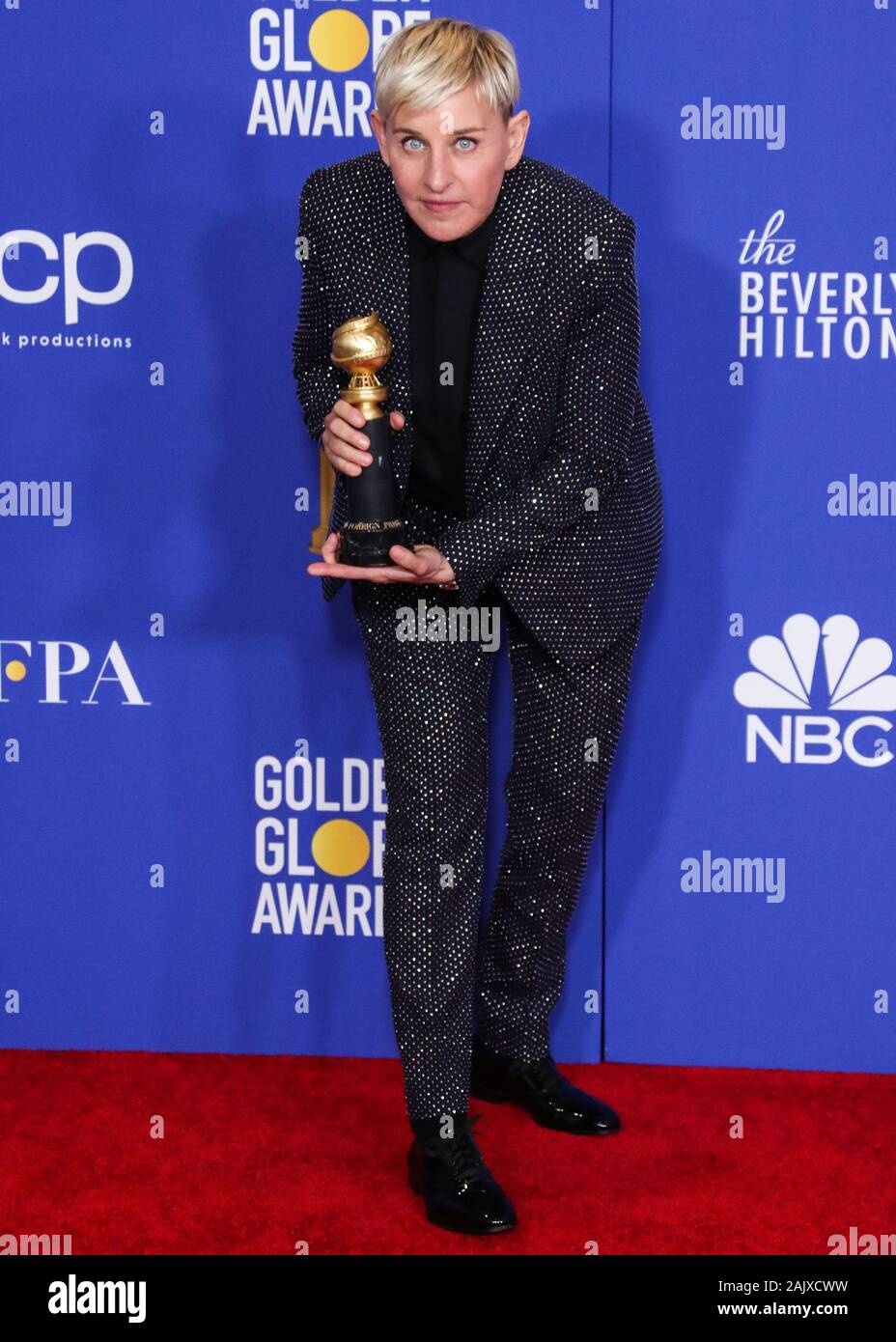 BEVERLY HILLS, LOS ANGELES, Kalifornien, USA - Januar 05: Schauspieler Ellen DeGeneres Celine tragen stellt in der Presse Zimmer auf der 77. jährlichen Golden Globe Awards im Beverly Hilton Hotel am 5. Januar statt, 2020 in Beverly Hills, Los Angeles, Kalifornien, Vereinigte Staaten. (Foto von Xavier Collin/Image Press Agency) Stockfoto