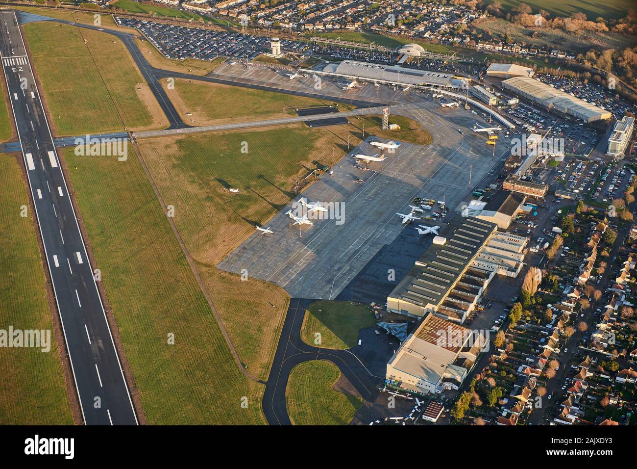 Ein Luftbild zum Southend Airport, South East England, Großbritannien Stockfoto