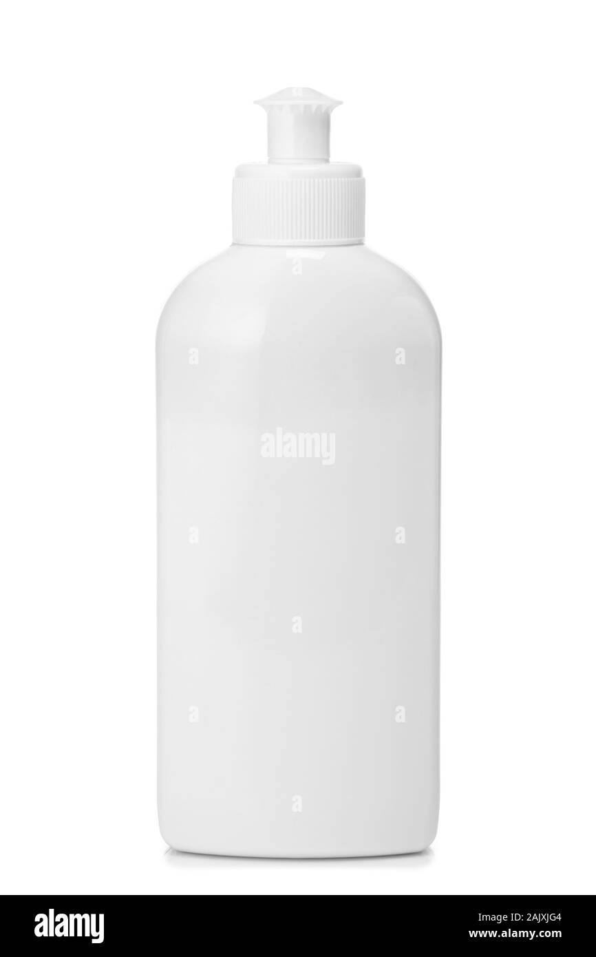 Die weiße Flasche für ein Spülmittel für Gerichte oder Shampoo isoliert auf weißem Stockfoto