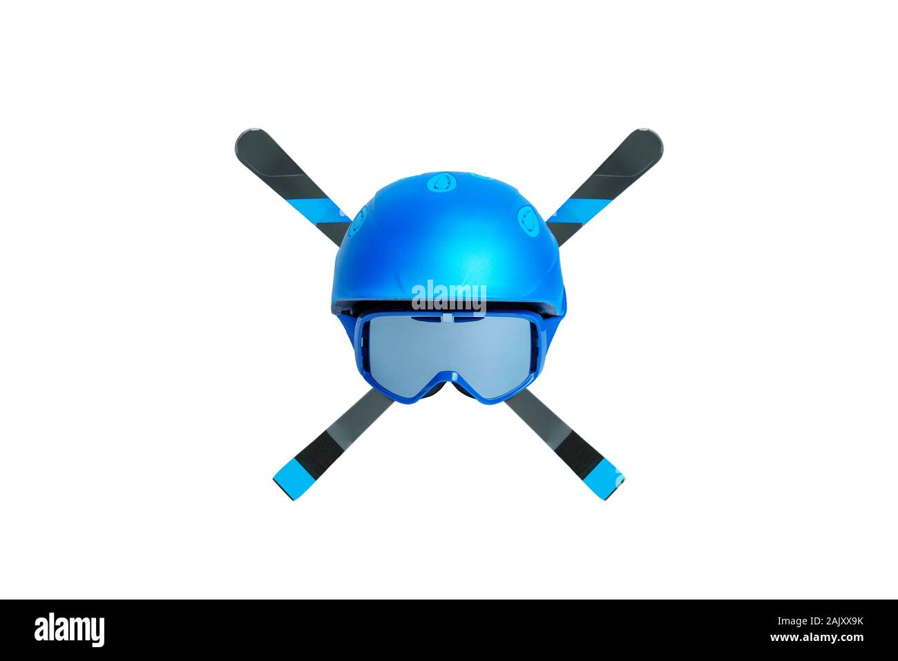 Isolierte blau Ski Helm mit Brille und Skier gekreuzt Stockfoto