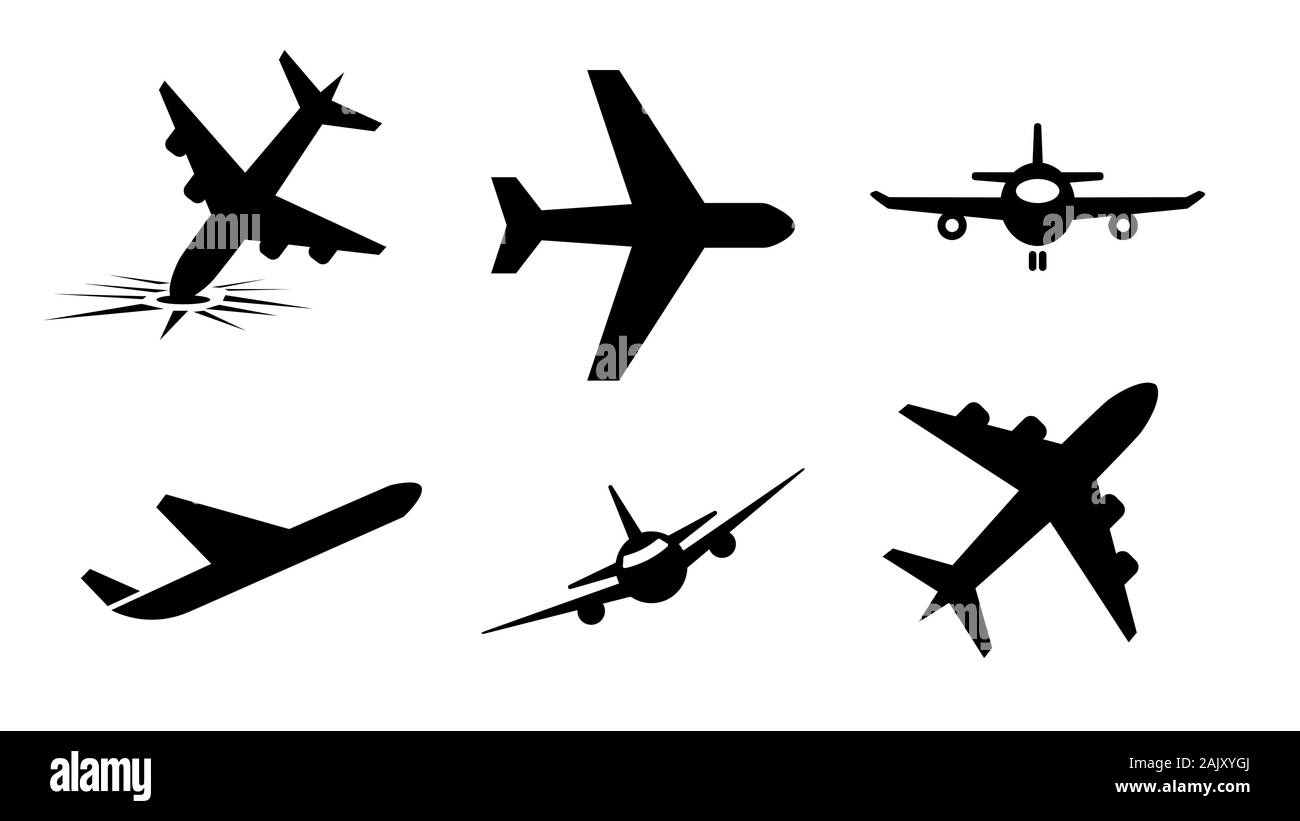 Satz von Flugzeug, schwarze Silhouette, einfach flach Symbol auf weißem Hintergrund. Stock Vektor