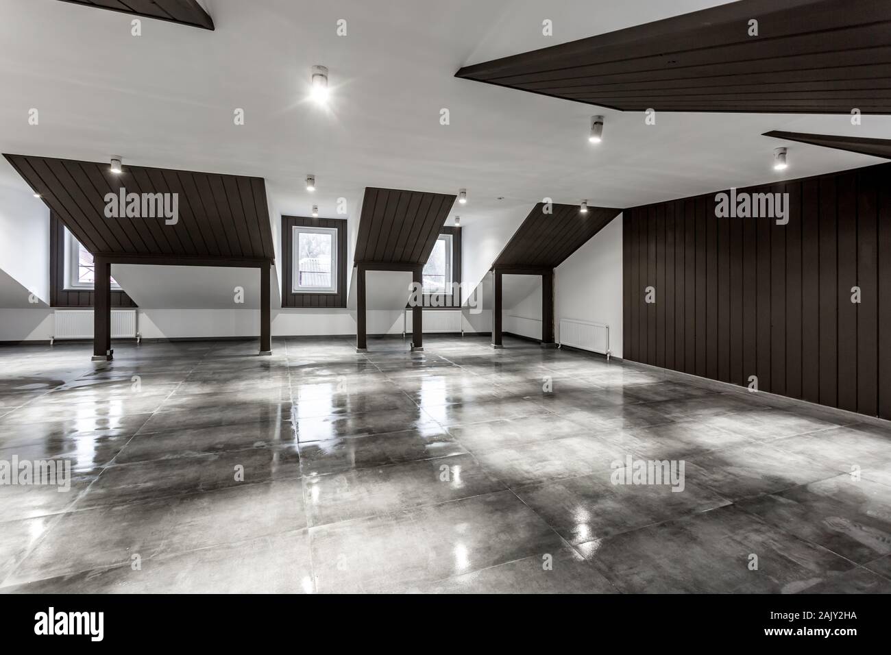 Leere unmöblierte loft Mansardenzimmer Innenraum mit Holz spalten und nassen Betonboden auf dem Dach in Schwarz und whote Stil Farbe Stockfoto