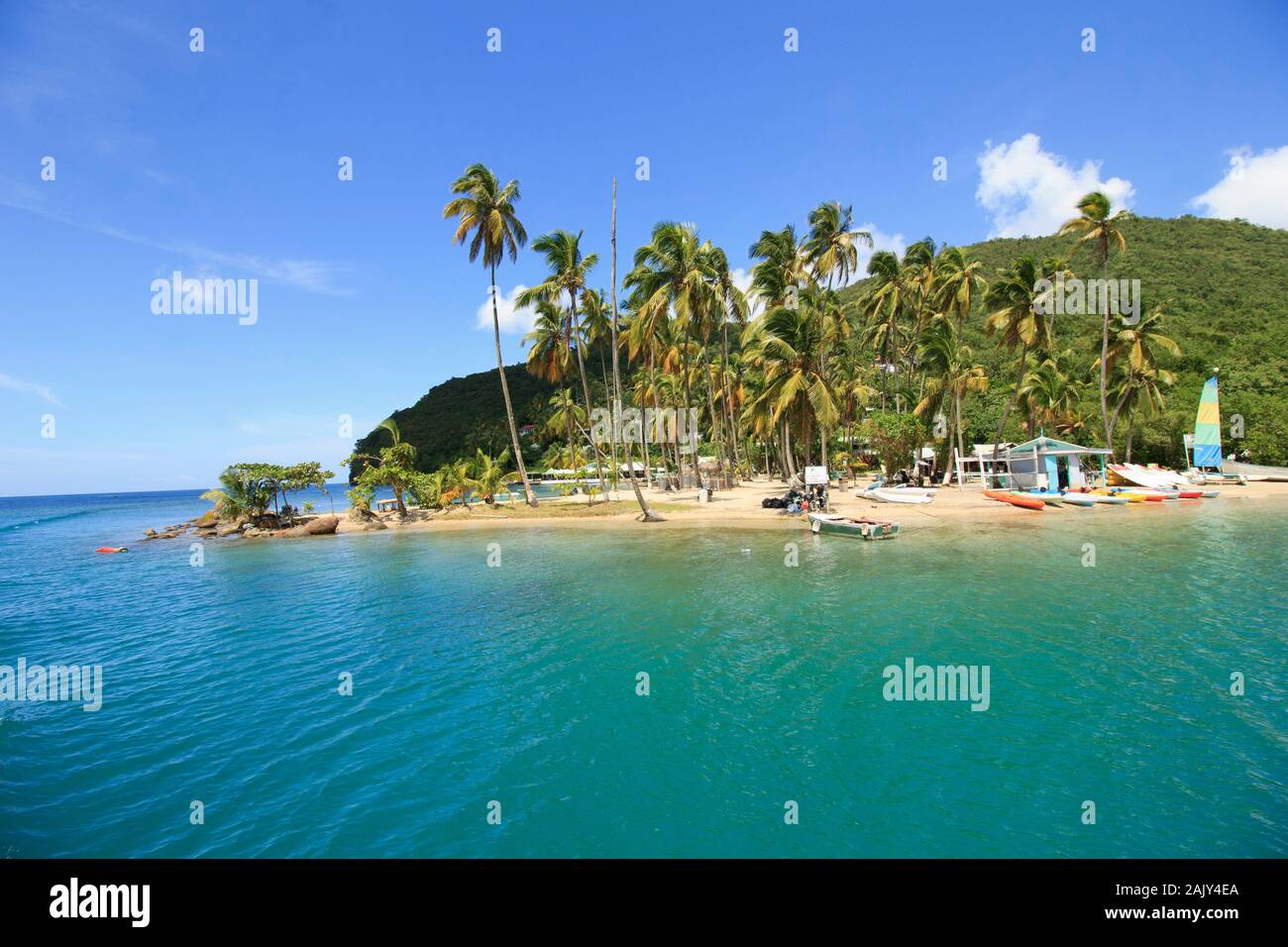 Sonnig und tropisch, Marigot Bay Beach Stockfoto