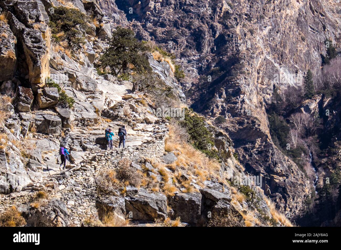 Wanderer zu Fuß auf einer alten Handelsroute durch die Berge im Himalaya Dolpo Nepal Stockfoto