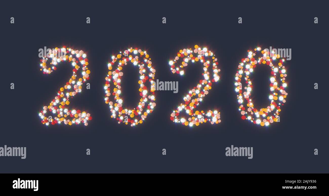 2020 Neue Jahr zahlen aus warmen bunte Low Poly Partikel auf dunklem Hintergrund. Magische Stimmung mit Licht und Beleuchtung. 3D-gerenderte Stockfoto