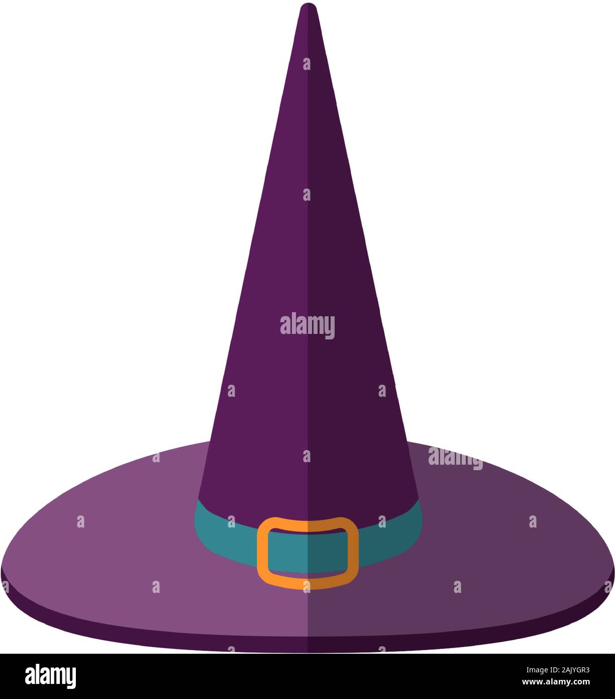 Vector Illustration einer Cartoon Halloween Hexe Hut, flacher Stil. Lila Magiers Hexe hut mit scharfen, um das obere Symbol. Flache Halloween Hexenhut mit Schnalle Stock Vektor