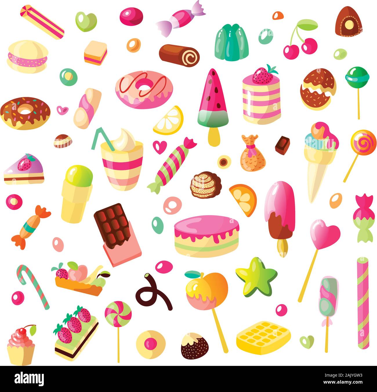 Eingestellt von Cartoon süsse bonbons auf weißem Hintergrund. Gelee, Süßigkeiten, Kuchen, süße Krapfen und Marmelade. Lollipop, Baumwolle, Donut und gestreifte Karamell Stock Vektor