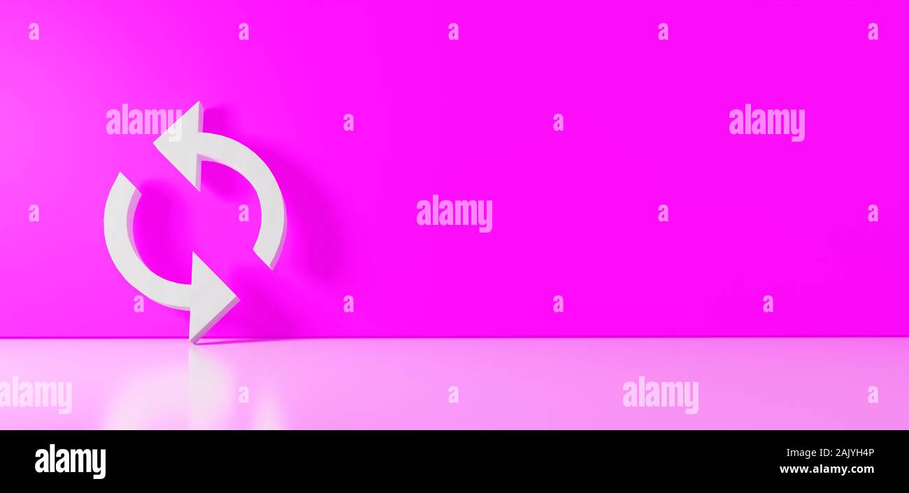 3D-Rendering des weißen Symbol der laden Pfeile Symbol lehnte sich auf auf Farbe Wand mit unscharfen Reflexion mit leeren Raum auf der rechten Seite Stockfoto