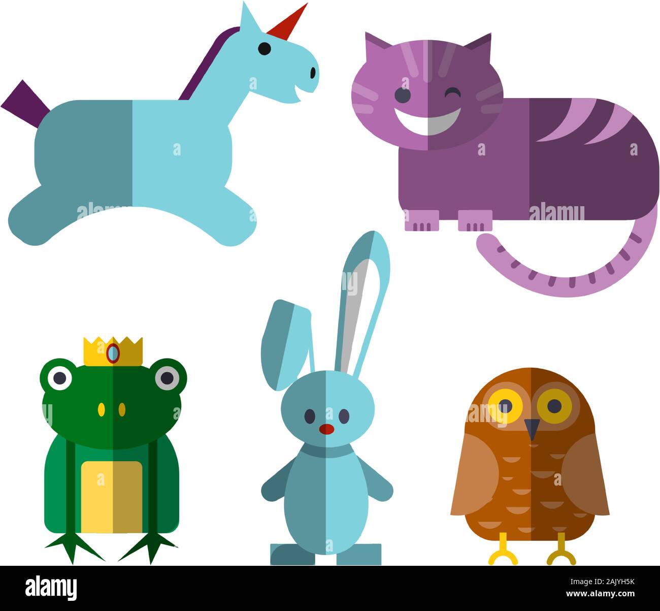 Cute Flachbild vector Abbildung: magische Tiere - Cheshire Cat, Einhorn, illusionist Kaninchen, Eule und Prinz Frosch mit Krone, isoliert auf weißem Stock Vektor