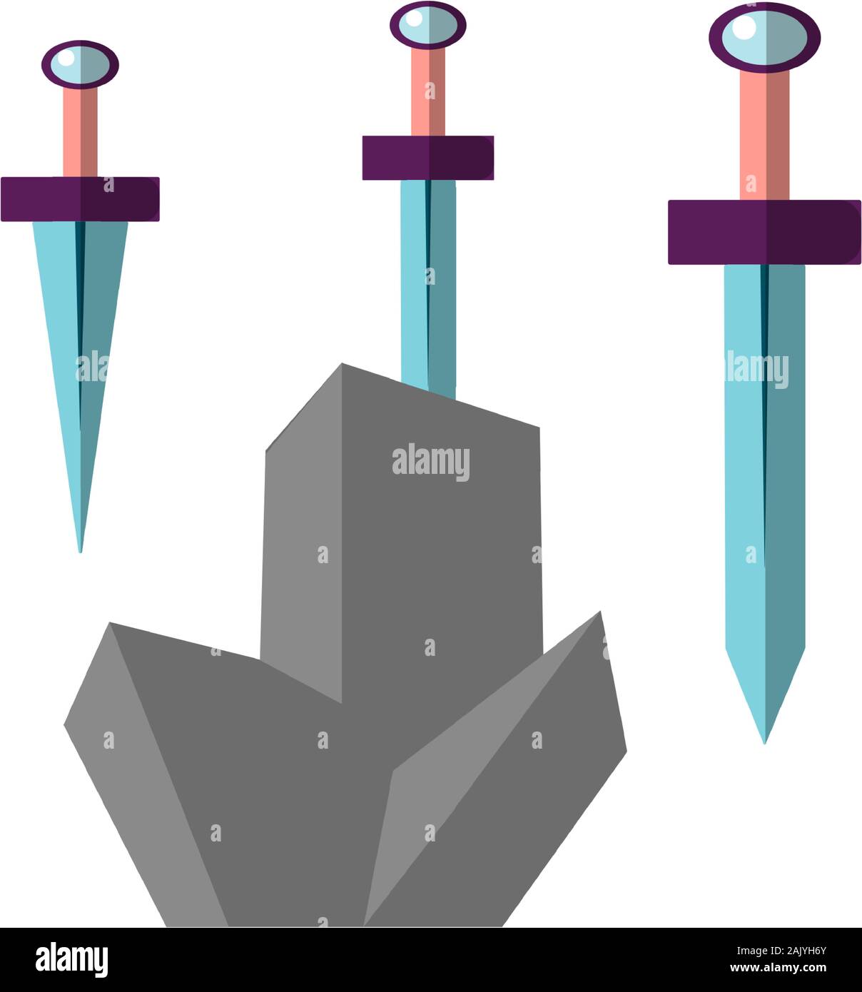 Excalibur Vektor flachbild Abbildung. Symbol des Schwertes, in grauen Stein geblieben. Kultige Szene aus der mittelalterlichen europäischen Geschichten über König Arthur. Stock Vektor