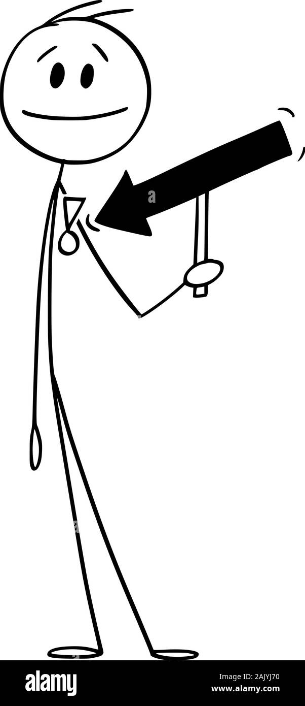 Vektor cartoon Strichmännchen Zeichnen konzeptionelle Darstellung der wichtigen Mann angezeigt und unter Hinweis auf militärische oder staatliche Einrichtung oder Auszeichnung oder Medaille auf seiner Brust mit Pfeil in der Hand. Stock Vektor