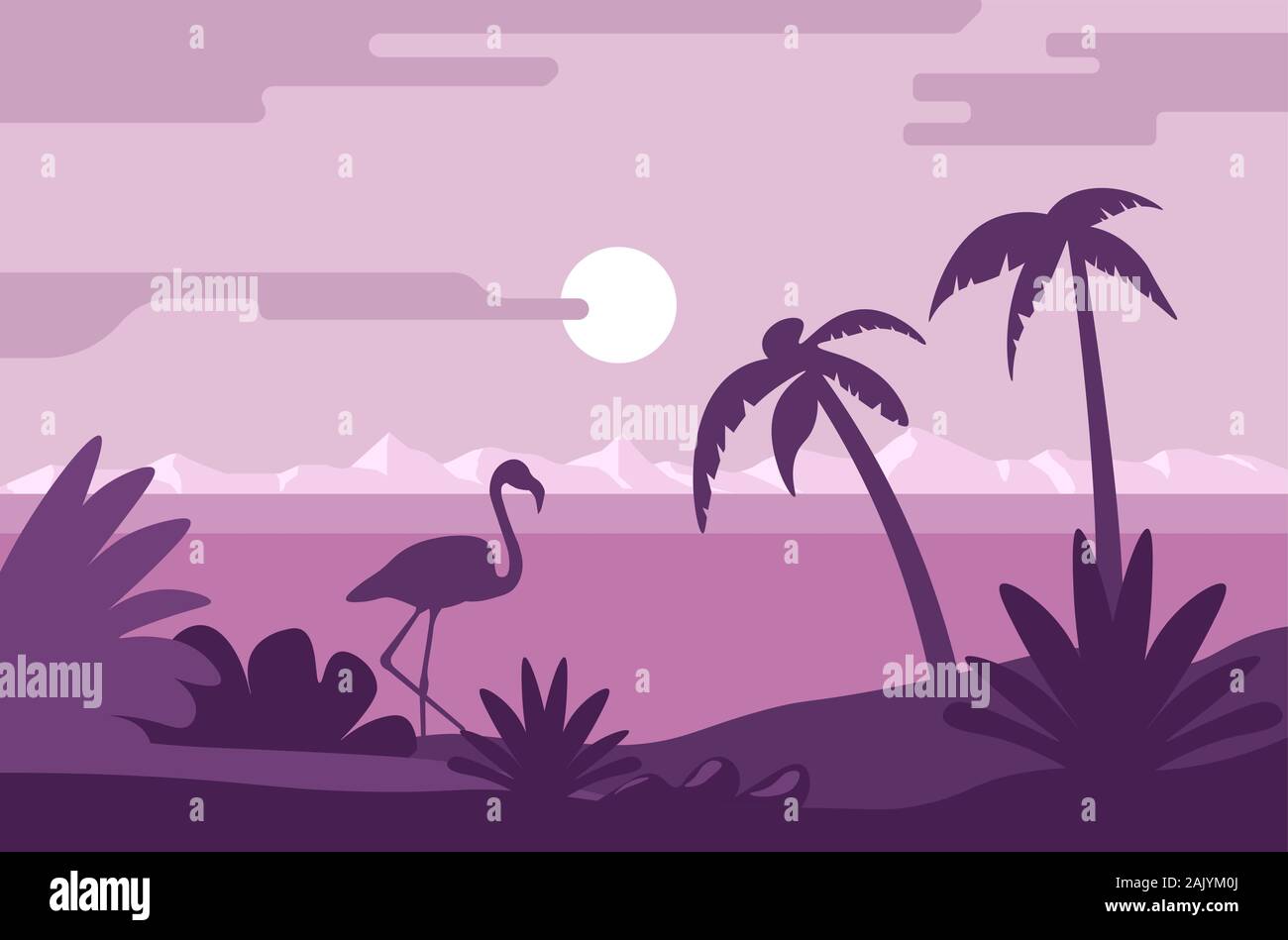 Nacht Sommerlandschaft, Strand mit Flamingo und Palmen Stock Vektor