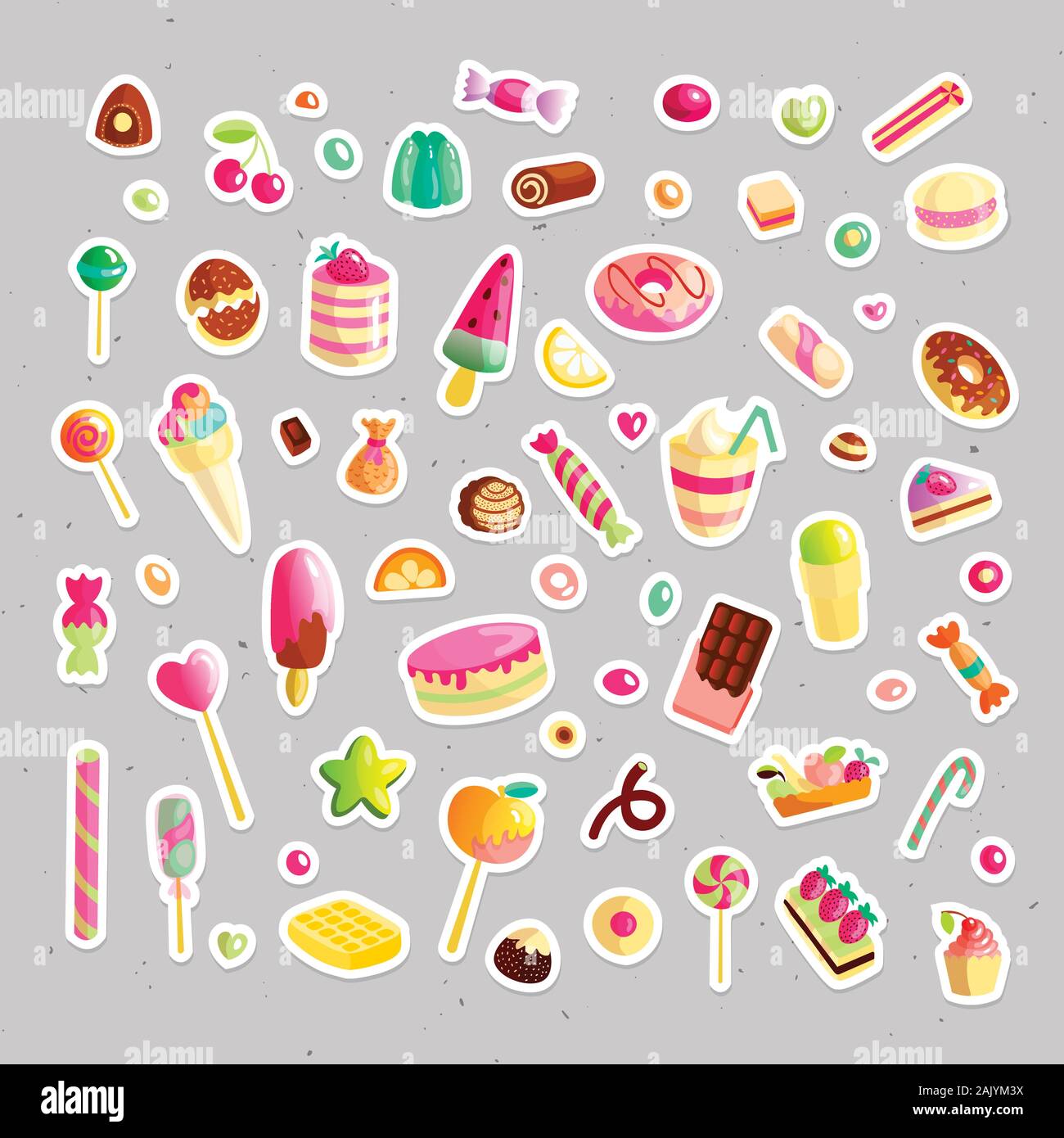 Süße cartoon Candy eingestellt. Sammlung von Süßigkeiten, Cartoon Stil. Gelee, Süßigkeiten, Kuchen, süße Krapfen und Marmelade. Riesige Menge von Cartoon doodle Form Bonbons Stock Vektor