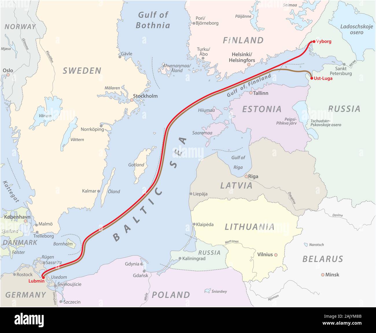 Karte der Ostseepipeline zwischen Russland und Deutschland Stock Vektor