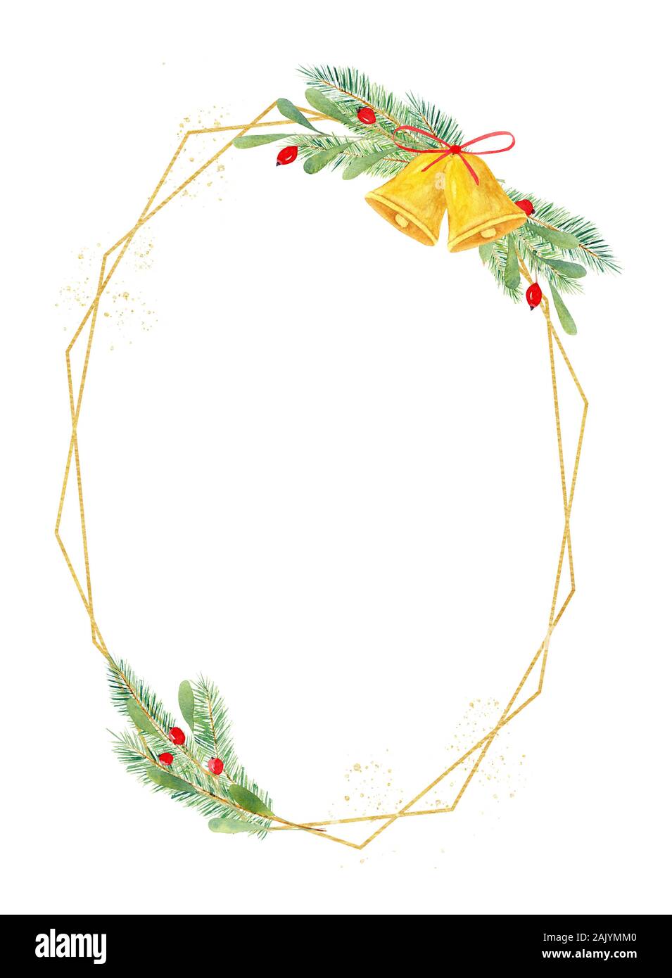 Festliche ovale Form rahmen Hand gezeichnet Aquarell Abbildung. X-mas Komposition mit Ilex, Holly, Mistel mit Klingel und rote Schleife. Weihnachten bor Stockfoto