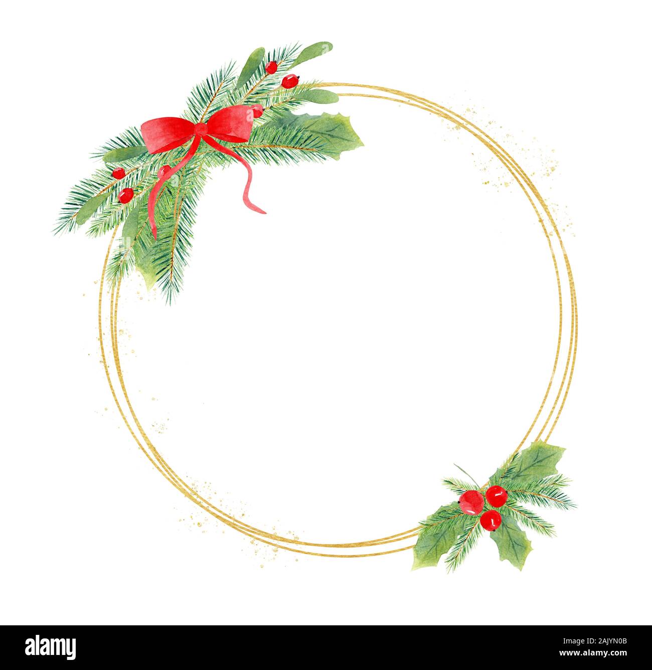 Golder runde Weihnachten Rahmen Hand gezeichnet Aquarell Abbildung. Festliche kreisförmigen Rand 