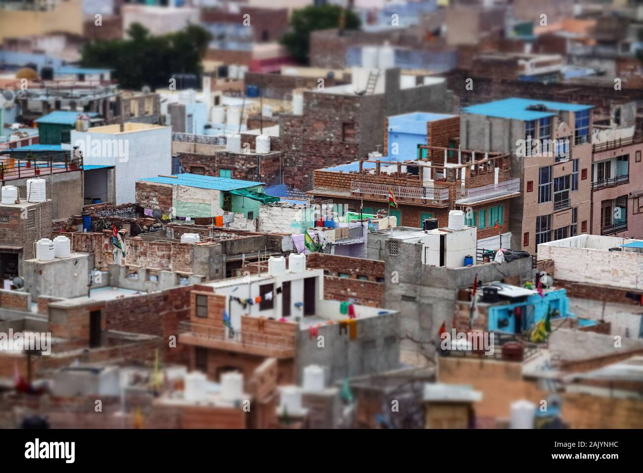 Tilt Shift Objektiv - Jodhpur (auch blaue Stadt) ist die zweitgrößte Stadt im indischen Bundesstaat Rajasthan und offiziell die zweite Metropole Stockfoto